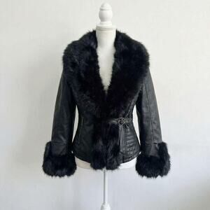 Vintage Fur Collar Faux Leather Coat Office Siren Grunge